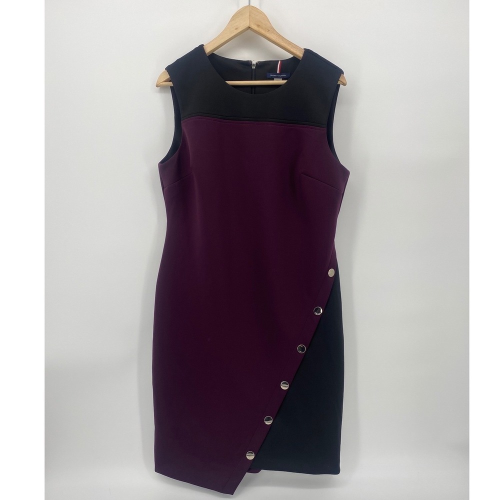 Tommy Hilfiger Sheath Dress Womens 10 Plum Black Sleeveless Colorblock Button